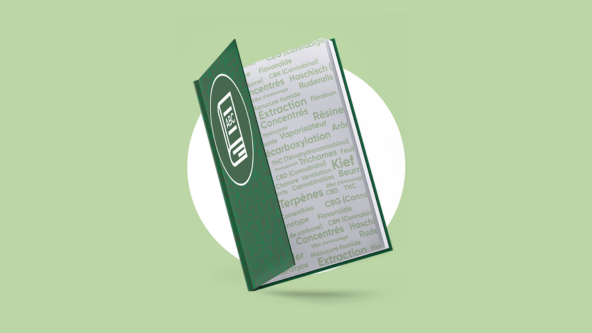 Illustration de livre avec terminologies reliées au cannabis.