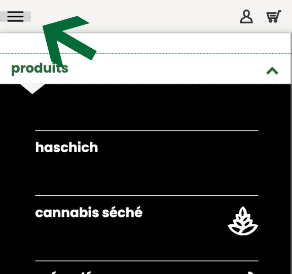 Capture d'écran du site web de la SQDC qui illustre comment utiliser le menu et trouver des produits