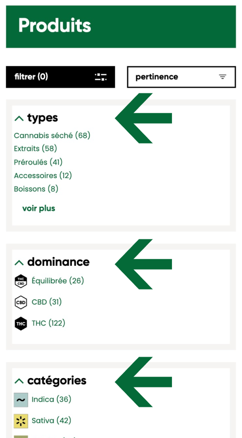 Capture d'écran du site web de la SQDC qui illustre comment utiliser les différents filtres pour trouver des produits