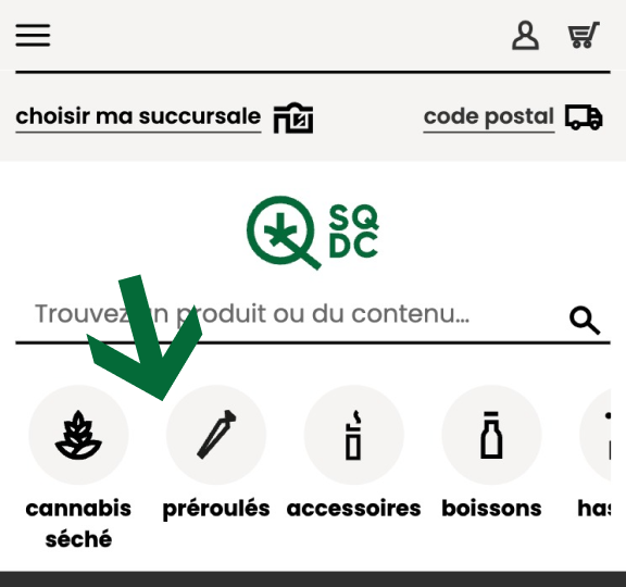 Capture d'écran du site web de la SQDC qui illustre comment utiliser les icônes pour trouver des produits