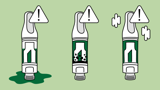 Illustration de trois cartouches de vapotage de cannabis défectueuses.