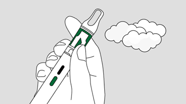 Illustration d’une main tenant une vapoteuse de cannabis à filetage 510 avec aérosol.