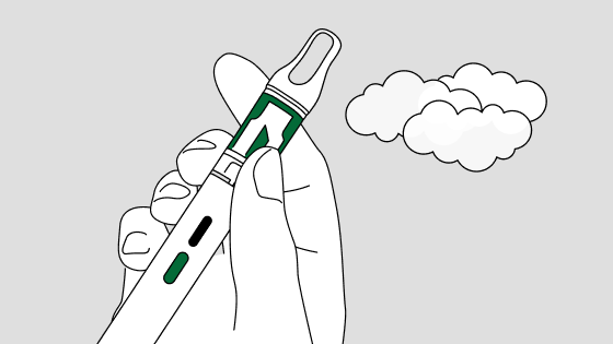 Illustration d’une main tenant une vapoteuse de cannabis à filetage 510 avec aérosol.