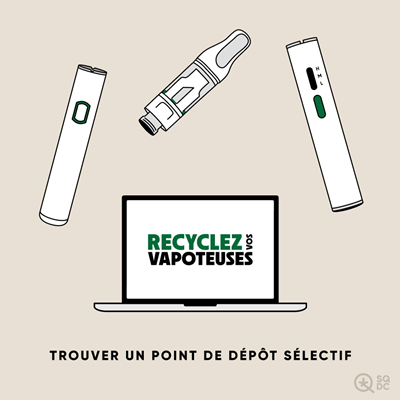 Programme “Recyclez vos vapoteuses” Drawing of the “Recycle Your Vapes” program and drop-off location.