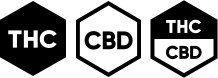 Icônes hexagonales noires représentant la dominance en THC, CBD, et une combinaison THC/CBD