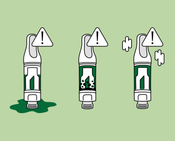 Illustration de trois cartouches de vapotage de cannabis défectueuses.