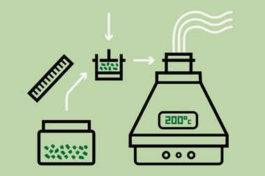 Illustration d'un vaporisateur de cannabis, montrant des fleurs séchées placées dans une chambre chauffée à 200°C, produisant de la vapeur à inhaler