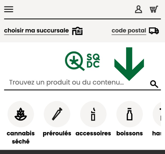 Capture d'écran du site web de la SQDC qui illustre comment utiliser la barre de rechercher