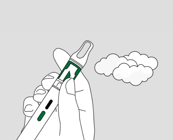 Illustration d’une main tenant une vapoteuse de cannabis à filetage 510 avec aérosol.