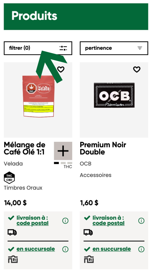 Capture d'écran du site web de la SQDC qui illustre comment utiliser les filtres pour trouver des produits