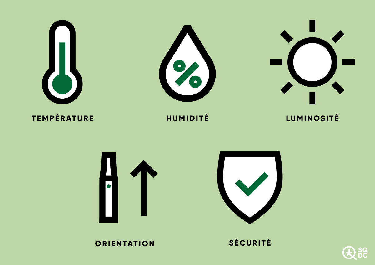 Cinq conseils d’entreposage sécuritaire des produits de vapotage : température, humidité, luminosité, orientation et sécurité.