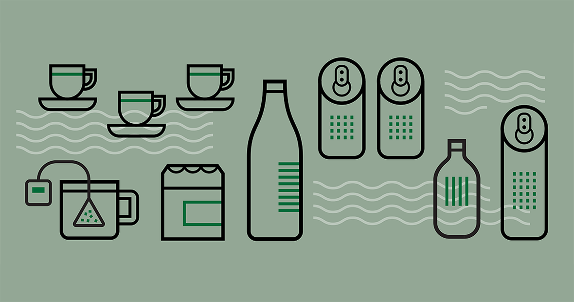 Illustration of cannabis beverages and ready-to-drink products, including tea, canned drinks, bottled beverages, and herbal infusions.