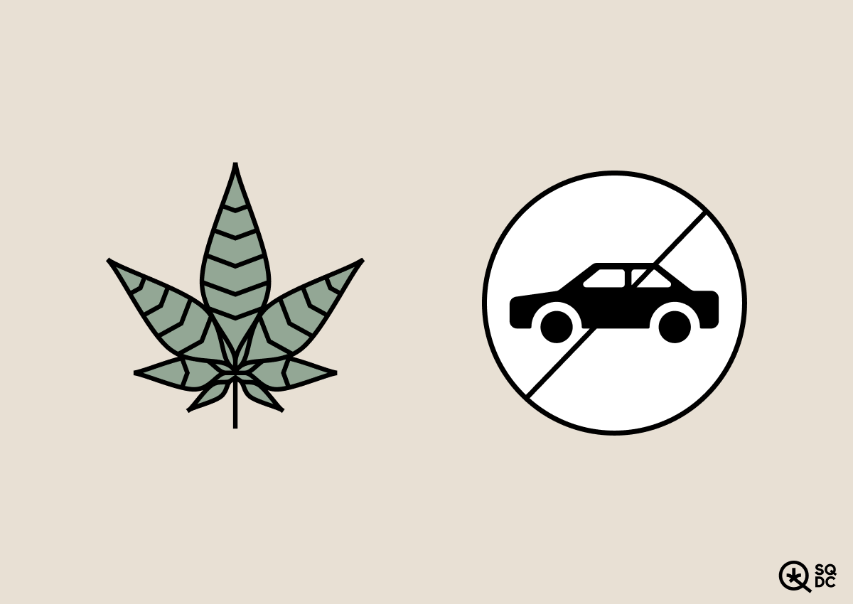 Illustration of a cannabis leaf and a crossed-out car pictogram on a beige background.