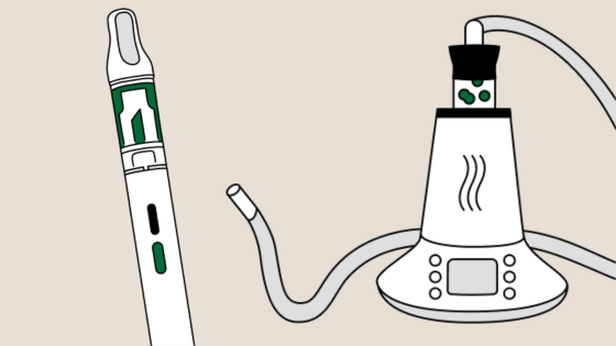 Schéma illustrant un vaporisateur et une vapoteuse de cannabis, deux modes de consommation par inhalation du cannabis. 