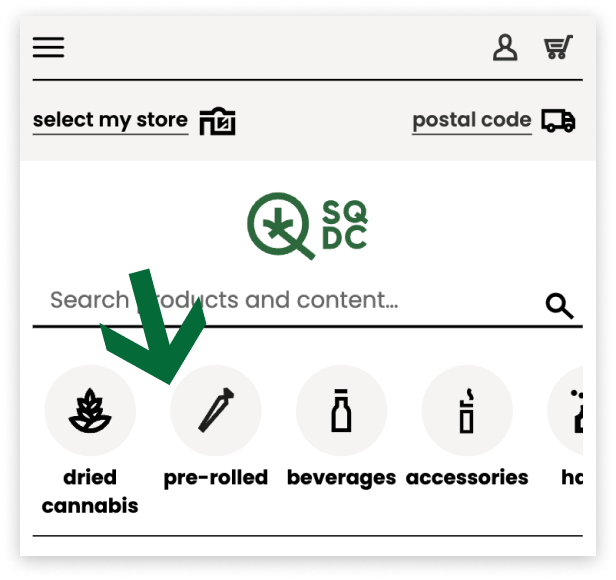 Capture d'écran du site web de la SQDC qui illustre la disponibilité des produits proches de chez vous