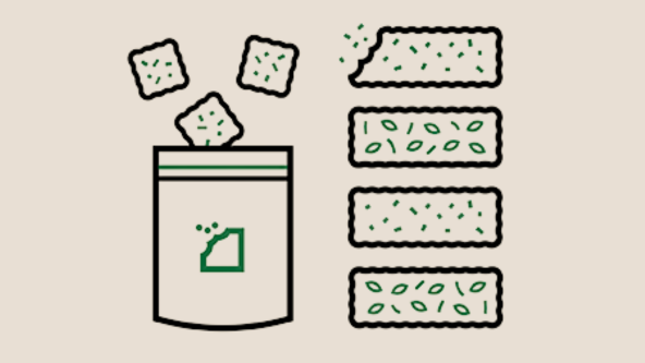 Illustration de bouchées de cannabis comestible avec un emballage refermable.