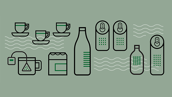 Différents types de boissons de cannabis : canette, bouteille, thé et infusion au THC et CBD.
